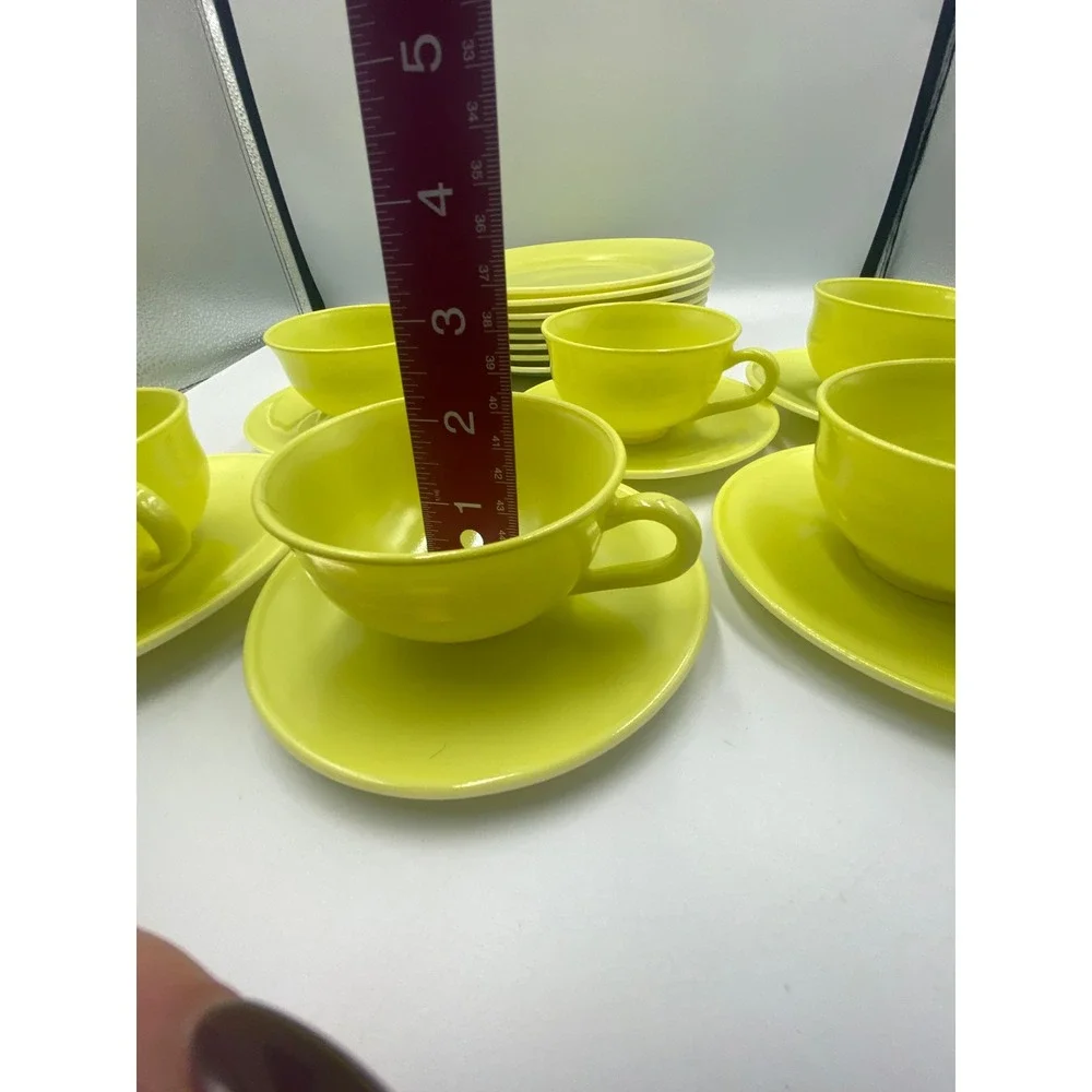 Hazel Atlas Ovide Platonite Neon Yellow Tea Cup + Saucer Set w‎ Plates Set of 6